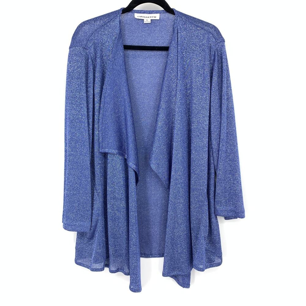 Caroline Rose Cardigan Womens Large Blue Metallic Shimmer Fine Knit Semi Sheer